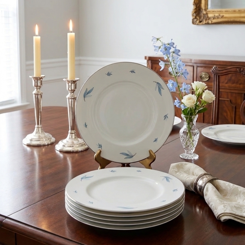 Syracuse China "Celeste" 6 Dinner Plates with Platinum‎ Trim in Mid-Century- M